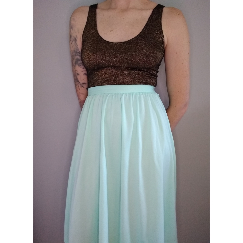 Vintage High Waist A Line Midi Skirt Small Pastel Mint Sea Green Made USA